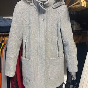 London Fog Women's Heather Gray Wool Blend Hooded Parka with Faux Fur Trim